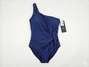 NEW Miraclesuit 16 Navy Blue One Shoulder Slimming Swimsuit Coastal Talbots